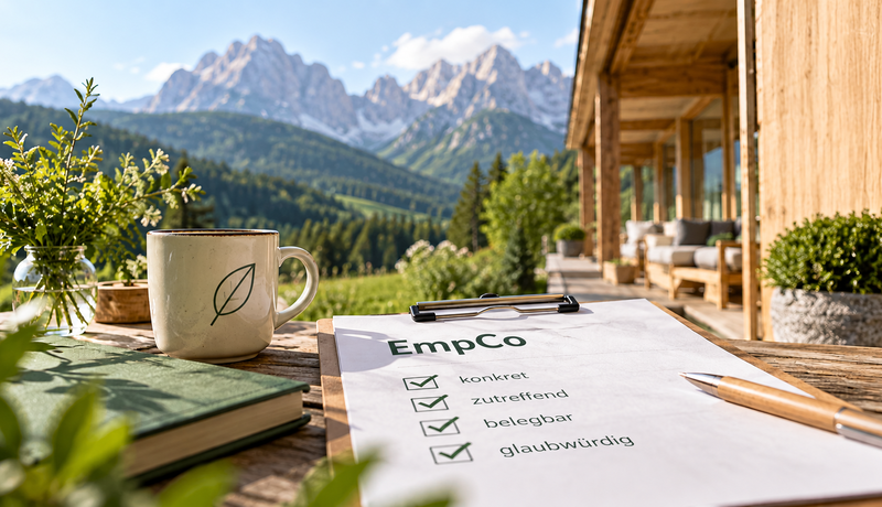 Headerbild: Checkliste für EmpCo auf einem tisch mit Bergpanorama als Hintergrund. | © KI generiert