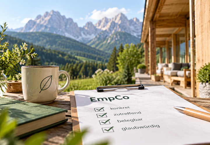 Headerbild: Checkliste für EmpCo auf einem tisch mit Bergpanorama als Hintergrund. | © KI generiert