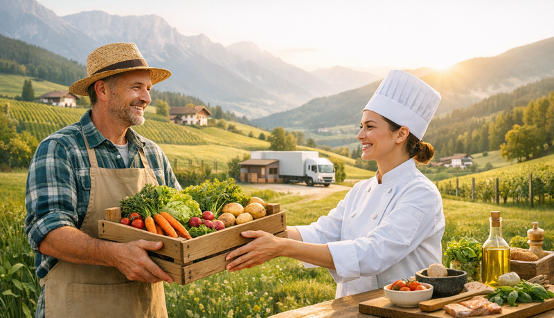 Köchin, die Essen beim Bauern holt | © KI generiertes Bild