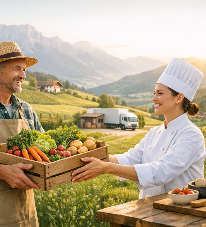Köchin, die Essen beim Bauern holt | © KI generiertes Bild