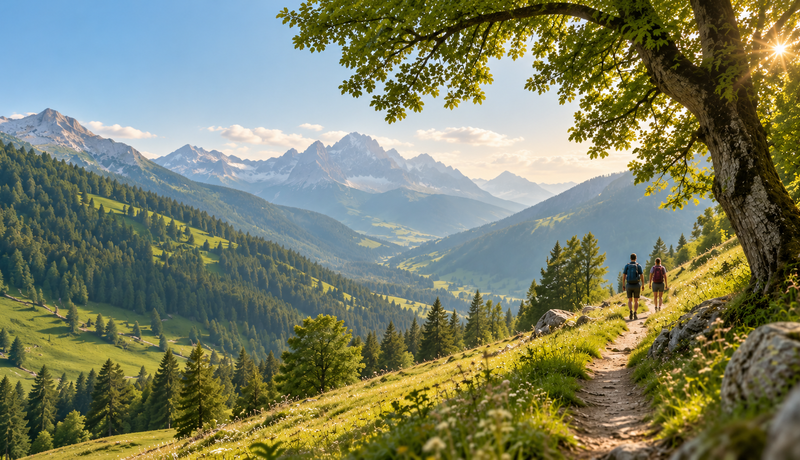 KI generiertes Bild: Zwei Wandernde auf einem schmalen Weg in einer grünen alpinen Landschaft mit Wiesen, Wäldern, großem Laubbaum und Bergen im Hintergrund. | © KI generiertes Bild