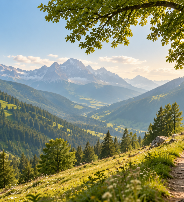 KI generiertes Bild: Zwei Wandernde auf einem schmalen Weg in einer grünen alpinen Landschaft mit Wiesen, Wäldern, großem Laubbaum und Bergen im Hintergrund. | © KI generiertes Bild